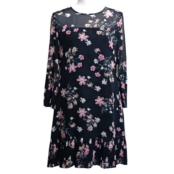 Eliza J Floral Print Bell Sleeve Dress in Navy Blue & Pink, Size‎ 8, NWT - Picture 1 of 14